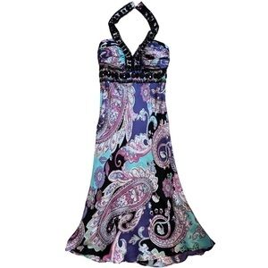 Jovani 100% Silk Halter Paisley Lined Beaded Evening Formal Long Gown Size 0